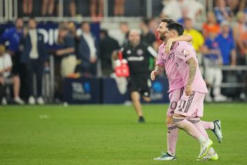 Lionel Messi (10) celebrates with midfielder Facundo Farias (11) after defeating FC Cincinnati at TQL Stadium.